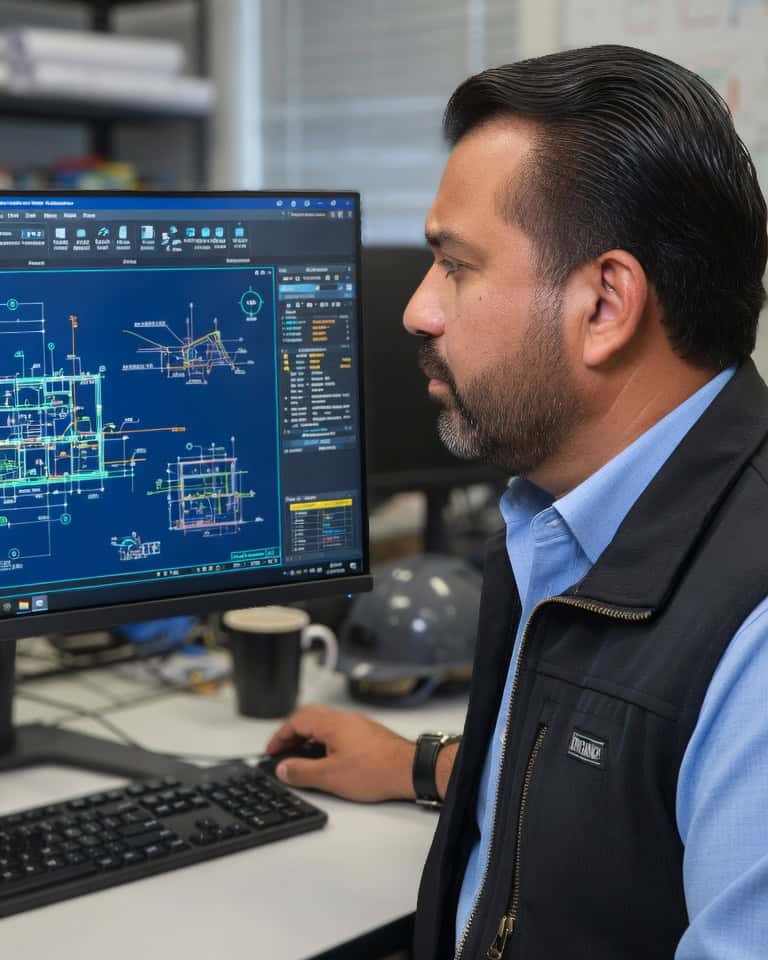 Engineer reviewing structural plans at a Texas construction site